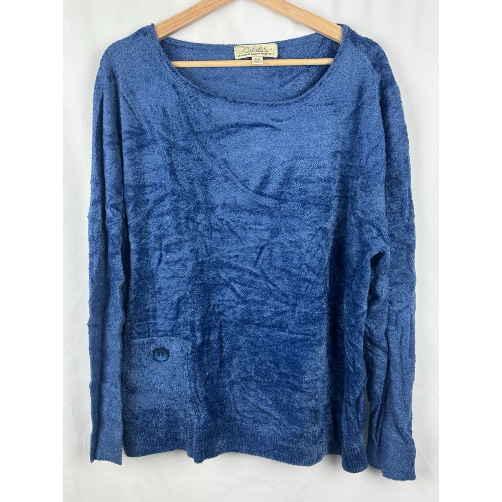 Cabelas Blue Eyelash Knit Long Sleeve Sweater Scoop Neck Pocket 2XL Regular